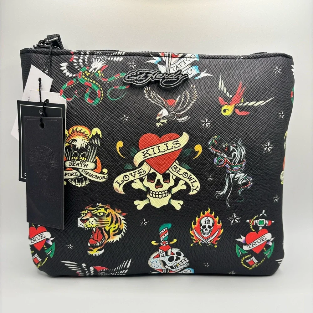 NWT Ed Hardy Tattoo Print Zip Pouch Wristlet Skull Tiger Y2K
